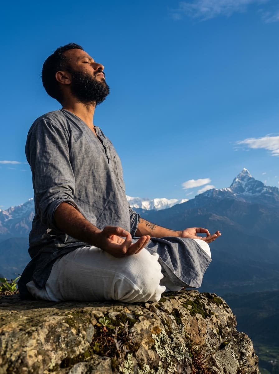 Hombre meditando bajo el cielo abierto